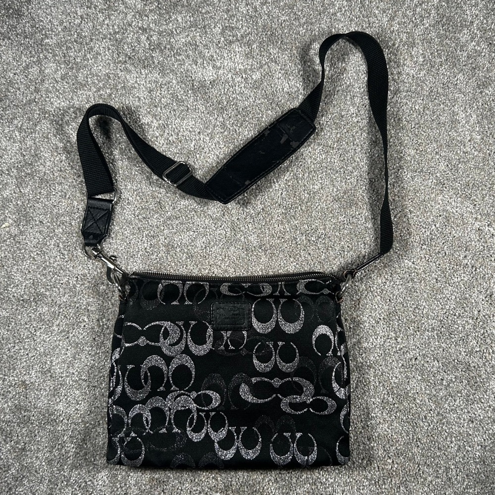 Coach Poppy Black Silver Signature C Crossbody Bag Metallic Logo Purse 11x8.5